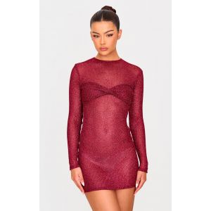 Femme Mini robe c&ocirc;tel&eacute;e rouge cerise m&eacute;tallis&eacute;e &agrave; buste torsad&eacute; et manches longues | Taille 42 - Taille 42