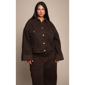 Femme Plus Veste en jean chocolat &agrave; coutures contrastantes et manchettes retrouss&eacute;es | Taille 48 - Taille 48