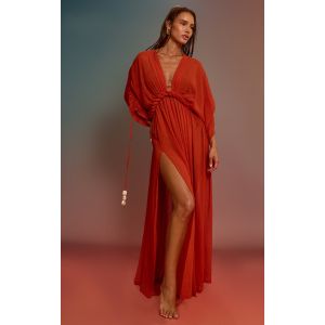 Robe de plage bohème en mousseline de soie texturée rouille à détail torsadé, Rouille - Taille M