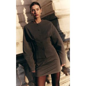 Femme Blazer de tailleur tissé gris anthracite à épaules carrées et manches ballon | Taille 36 - Taille 36