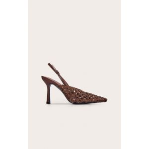 Escarpins pointus en PU tissé chocolat à talon haut et bride derrière, Chocolat - Taille 37