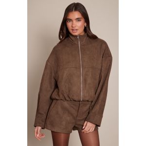 Femme Veste en su&eacute;dine chocolat &agrave; col entonnoir et zip | Taille 32 - Taille 32
