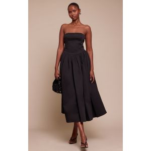 Femme Robe bustier mi-longue patineuse tiss&eacute;e noire fronc&eacute;e | Taille 44 - Taille 44