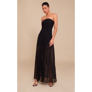 Robe bustier longue en mesh doublé noir à fronces asymétriques, Noir - Taille 34