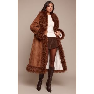 Femme Manteau long marron clair &agrave; bordures en fausse fourrure | Taille Large - Taille L