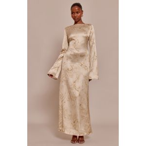 Femme Robe longue satin&eacute;e chartreuse p&acirc;le imprim&eacute; cachemire &agrave; manches fl&ucirc;tes | Taille 34 - Taille 34