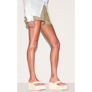 Sandales tongs à semelle compensée en lycra stretch crème à bout carré, Jaune Pâle - Taille 39