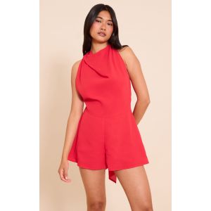 Combishort fluide en mousseline de soie rouge à détail foulard, Rouge - Taille 36