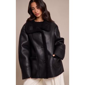 Femme Petite Aviateur noir à col entonnoir et doublure en imitation mouton | Taille Large - Taille L