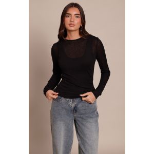Femme Top en mesh d&eacute;vor&eacute; noir &agrave; partie superpos&eacute;e | Taille 44 - Taille 44