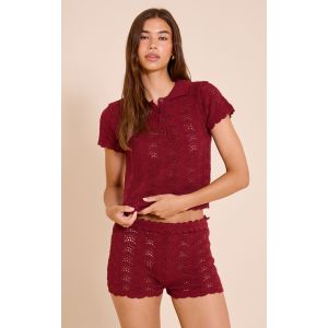 Femme Top en maille style crochet bordeaux &agrave; col polo | Taille XS - Taille XS