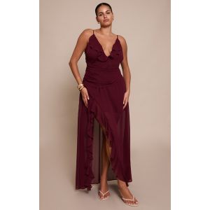 Femme Plus Robe longue en mousseline de soie rouge vin &agrave; d&eacute;collet&eacute; et volants | Taille 52 - Taille 52