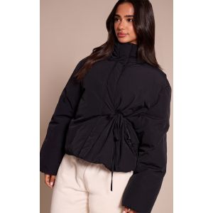 Femme Petite Veste matelass&eacute;e noire &agrave; col montant et taille nou&eacute;e | Taille Medium - Taille M