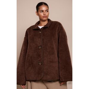 Femme Plus Manteau en imitation mouton chocolat &agrave; parties contrastantes en PU | Taille 3XL - Taille 3XL