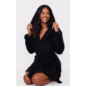 PRETTYLITTLETHING Robe de chambre noire duveteuse à capuche, Noir - Taille M