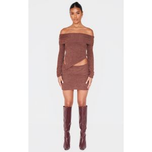 Mini-jupe texturée chocolat à détail replié, Chocolat - Taille 32