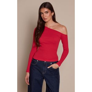 Femme Top asym&eacute;trique c&ocirc;tel&eacute; rouge &agrave; contours et manches longues | Taille Large - Taille L