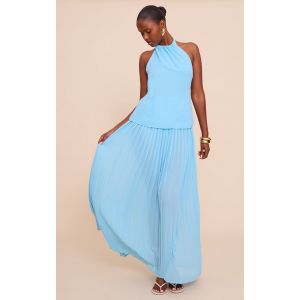 Robe longue bleu ciel à partie superposée et jupe plissée, Bleu Ciel - Taille 44