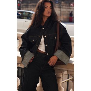 Femme Veste en jean indigo d&eacute;lav&eacute; &agrave; manchettes retrouss&eacute;es et coutures &eacute;lim&eacute;es Indigo fonc&eacute; d&eacute;lav&eacute; | Taille 44 - Taille 44