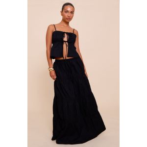 Femme Jupe longue fluide en popeline de coton noire à cordons ajustables et étages | Taille 40 - Taille 40