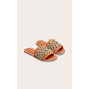 Sandales style mules pointure large plates rondes en raphia tissé orange à strass et franges, Orange - Taille 36