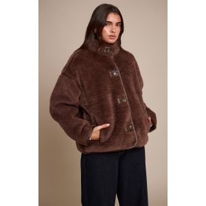 Femme Manteau en imitation mouton chocolat &agrave; d&eacute;tails en PU | Taille XS - Taille XS