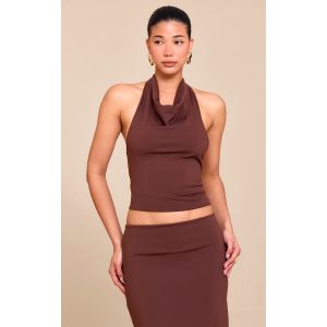Femme Top en Sculpt mat marron chocolat à dos nu ouvert et empiècement doré | Taille 42 - Taille 42