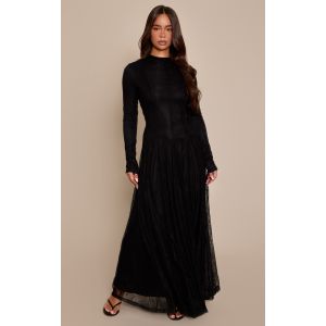 Femme Robe longue col bateau en dentelle noire &agrave; manches longues et godet | Taille 36 - Taille 36