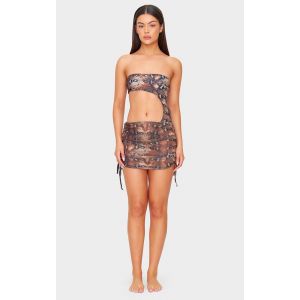 Femme Jupe de plage en mesh marron imprimé serpent à détails froncés | Taille 42 - Taille 42