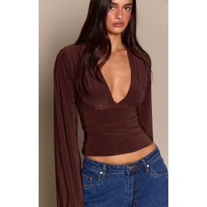 Femme Top long moulant doubl&eacute; marron fonc&eacute; d&eacute;collet&eacute; &agrave; manches drap&eacute;es | Taille 44 - Taille 44