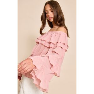 Top en mousseline de soie rose pâle à col bardot et étages volantés, Rose Pâle - Taille 40
