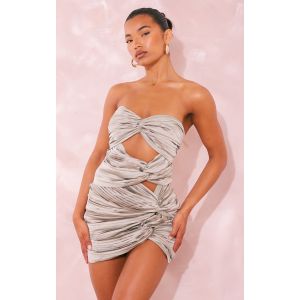 Femme Robe bustier moulante pliss&eacute;e kaki clair satin&eacute; &agrave; d&eacute;coupes et noeud | Taille 40 - Taille 40