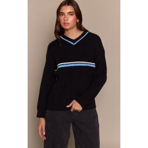 Femme Pull sportif noir &agrave; col en V et rayures | Taille Large - Taille L