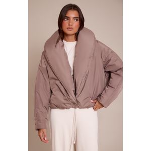 Femme Doudoune en nylon taupe &agrave; col exag&eacute;r&eacute; | Taille Medium - Taille M