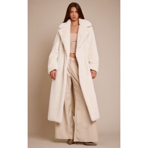 Femme Manteau long en fausse fourrure cr&egrave;me &agrave; taille nou&eacute;e | Taille Medium - Taille M