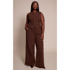 Femme Plus Pantalon large de tailleur en velours c&ocirc;tel&eacute; marron fonc&eacute; &agrave; d&eacute;tail nou&eacute; | Taille 48 - Taille 48