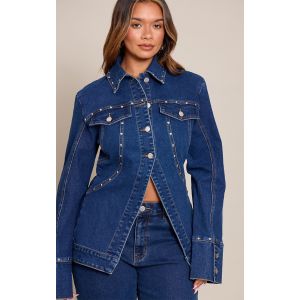 Femme Shape Veste en jean bleu fonc&eacute; &agrave; clous et taille cintr&eacute;e | Taille 34 - Taille 34