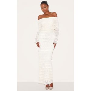 Robe longue texturée blanche à col bardot, Blanc - Taille 44