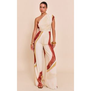 Femme Combinaison en mousseline de soie cr&egrave;me imprim&eacute; abstrait fronc&eacute;e &agrave; &eacute;paule unique | Taille 32 - Taille 32