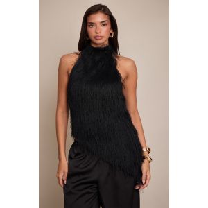 Femme Top asymétrique en fausse fourrure texturée noire sans manches | Taille 40 - Taille 40