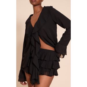 Jupe-short en mousseline de soie noire à volants, Noir - Taille 38