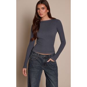 Femme Top manches longues c&ocirc;tel&eacute; bleu marine &agrave; contours et col bateau | Taille XL - Taille XL