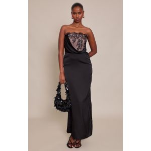 Femme Robe longue satin&eacute;e noire &agrave; partie en dentelle | Taille 32 - Taille 32