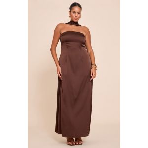 Femme Plus Robe bustier longue satinée marron chocolat à détail foulard | Taille 46 - Taille 46