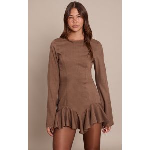 Femme Robe de tailleur droite chocolat &agrave; col bateau et volants | Taille 44 - Taille 44