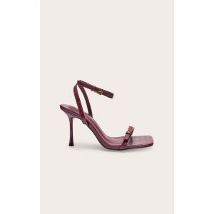 Sandales carrées en PU bordeaux effet croco à talon aiguille haut et double boucles, Bordeaux - Taille 36