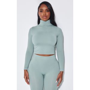 Femme Top stretch vert sauge &agrave; col montant sans coutures et manches longues | Taille XS - Taille XS