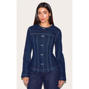 Veste cintrée en jean indigo à col rond et manches longues, Indigo - Taille 42