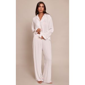 Femme Ensemble de pyjama long crêpé blanc à passepoil contrastant | Taille XS - Taille XS
