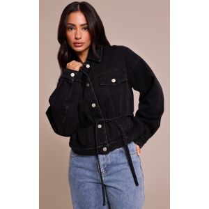 Femme Petite Veste en jean matelass&eacute; noir &agrave; dos nou&eacute; | Taille Medium - Taille M